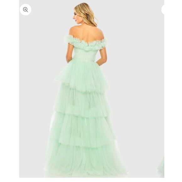 Mac Duggal 20570 Mint Green Off Shoulder Tiered Tulle Ball Style Gown Dress 12 - Picture 7 of 10